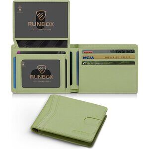 ⚡Runbox Men Light Grass Green Leather Slim 2 ID Window Gift Box Wallet